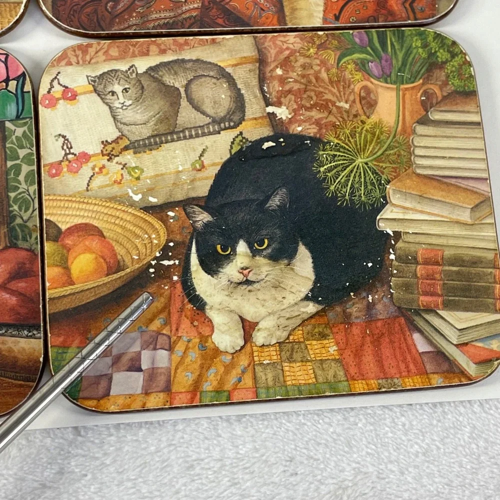 Vintage Cat Art Coasters Set of 6 Cork Backed Square Tuxedo Ginger White Cats